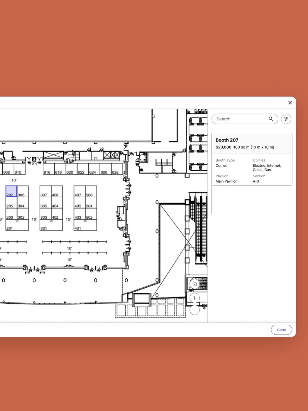 Exhibitor portal: a venue floor plan with booth 207 selected